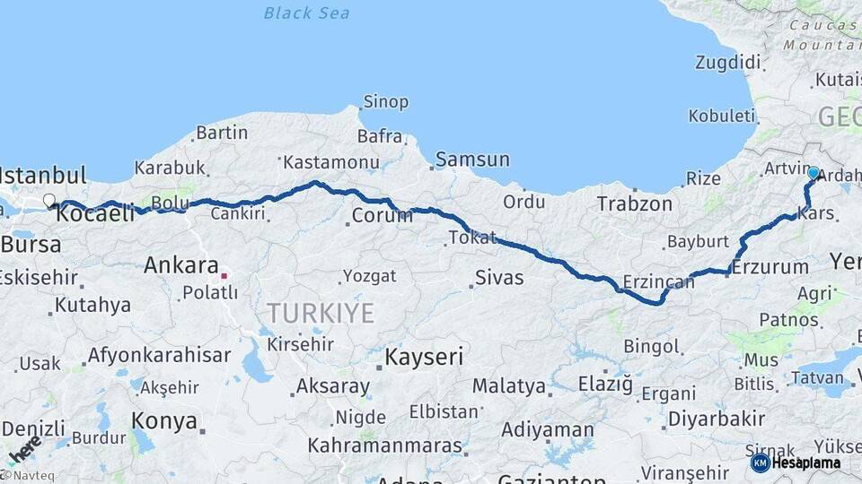 Ardahan Kocaeli Arası Kaç Km - Yol Haritası