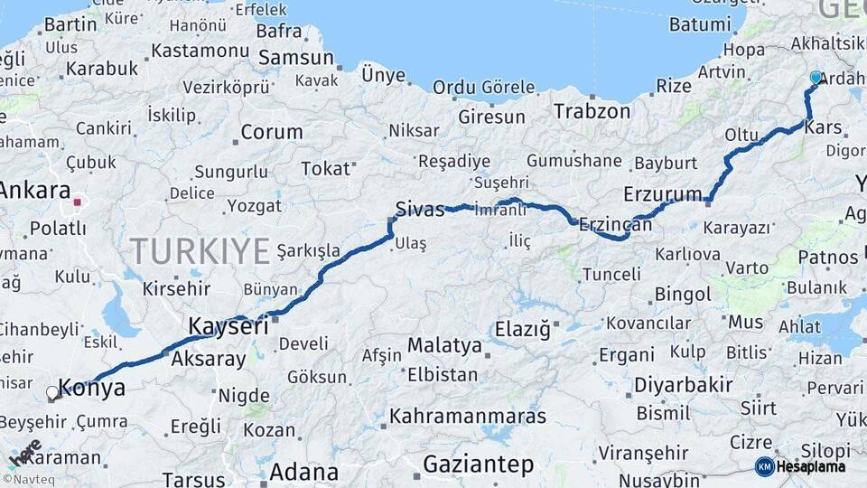Ardahan Konya Arası Kaç Km - Yol Haritası