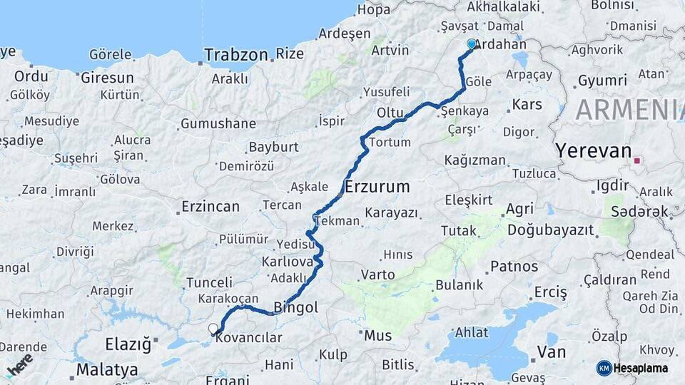 Ardahan Kovancılar Elazığ Arası Kaç Km - Yol Haritası