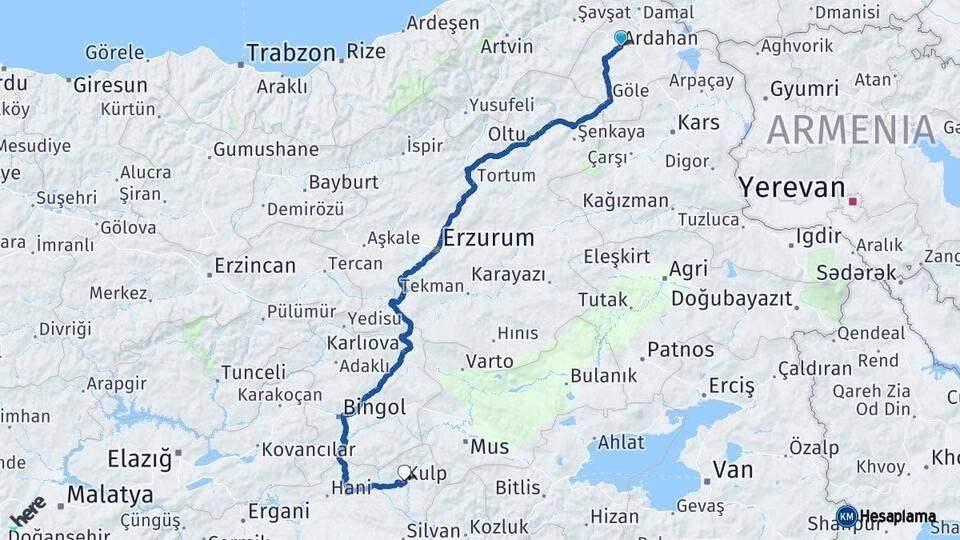 Ardahan Kulp Diyarbakır Arası Kaç Km - Yol Haritası