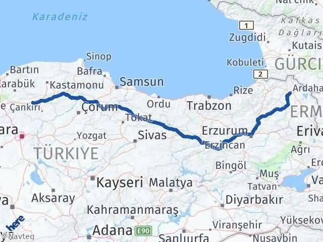 Ardahan Kurşunlu Çankırı Arası Kaç Km - Yol Haritası