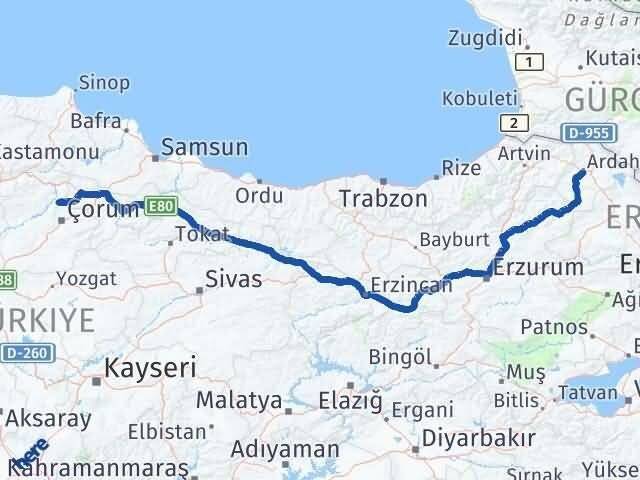 Ardahan Laçin Çorum Arası Kaç Km - Yol Haritası