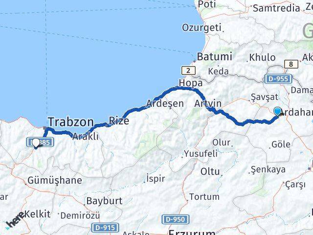 Ardahan Maçka Trabzon Arası Kaç Km - Yol Haritası