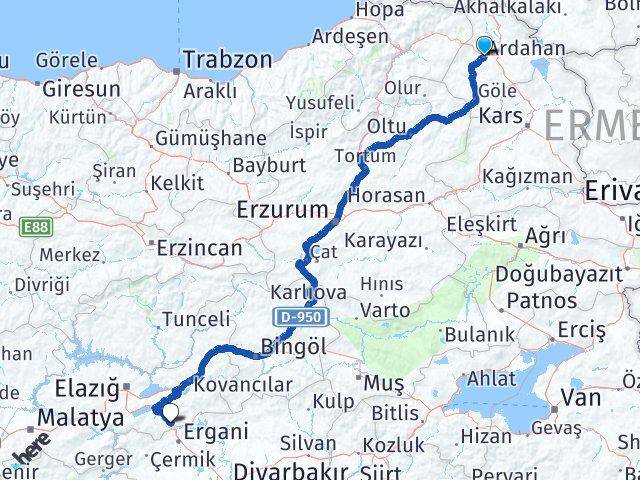 Ardahan Maden Elazığ Arası Kaç Km - Yol Haritası