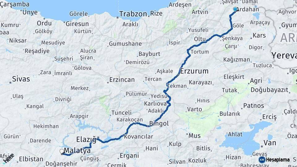 Ardahan Malatya Arası Kaç Km - Yol Haritası