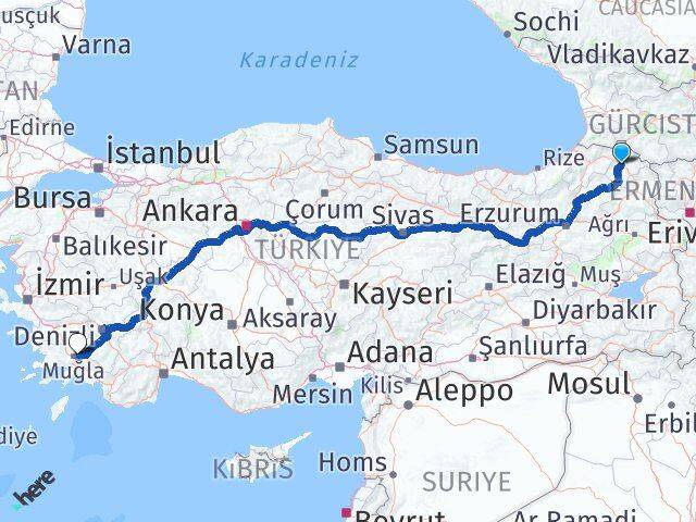 Ardahan Menteşe Muğla Arası Kaç Km - Yol Haritası
