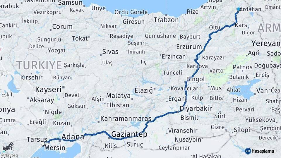 Ardahan Mersin Arası Kaç Km - Yol Haritası