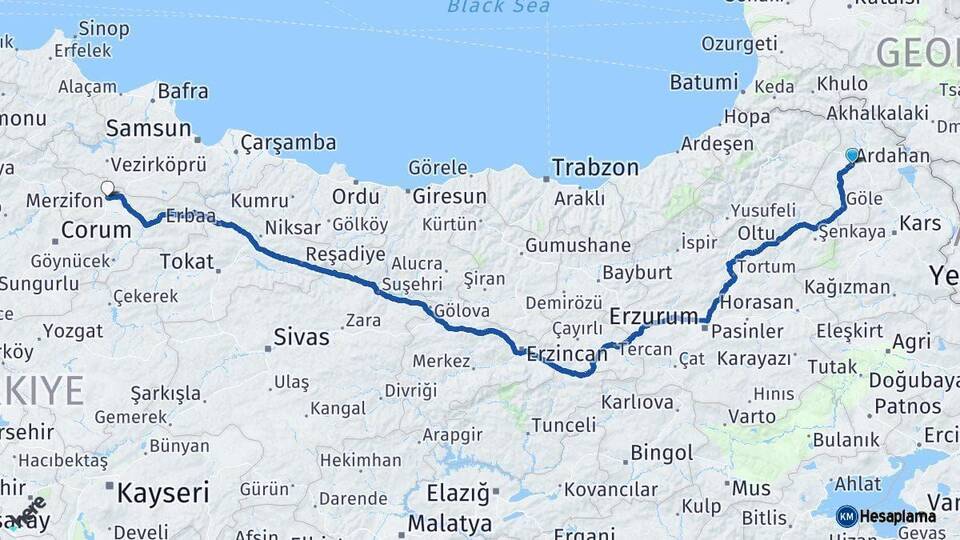 Ardahan Merzifon Amasya Arası Kaç Km - Yol Haritası