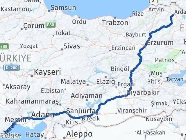 Ardahan Mezitli Mersin Arası Kaç Km - Yol Haritası