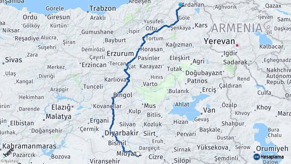 Ardahan Midyat Mardin Arası Kaç Km - Yol Haritası