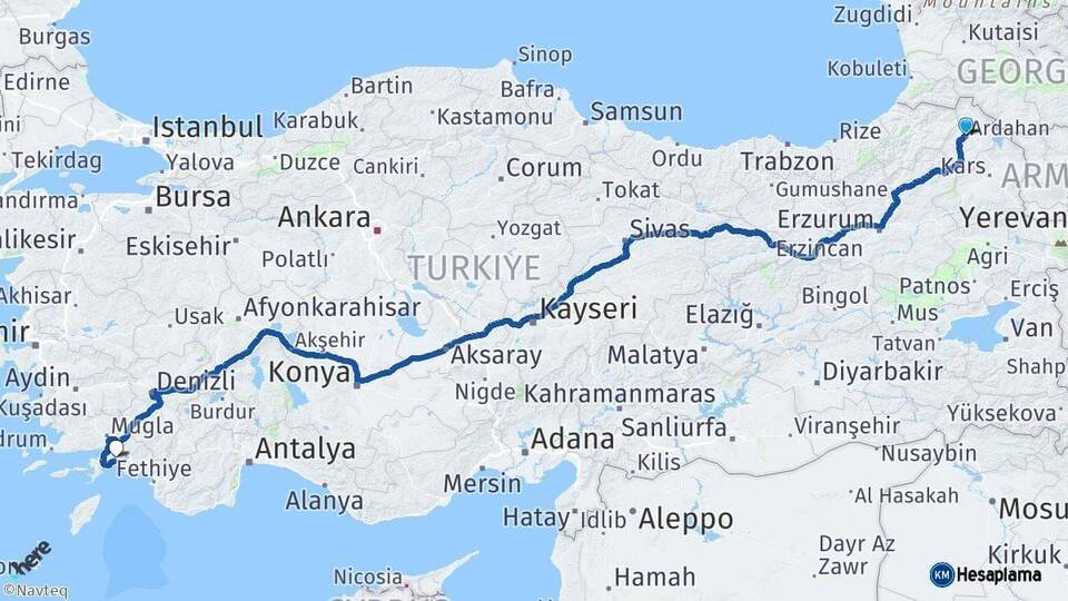 Ardahan Muğla Arası Kaç Km - Yol Haritası
