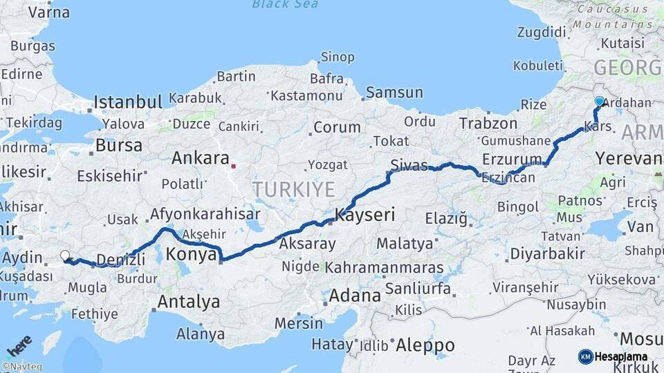 Ardahan Nazilli Aydın Arası Kaç Km - Yol Haritası