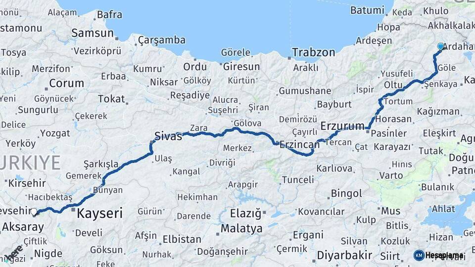 Ardahan Nevşehir Arası Kaç Km - Yol Haritası
