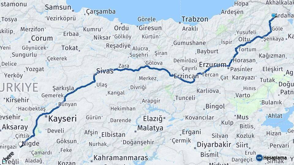 Ardahan Niğde Arası Kaç Km - Yol Haritası