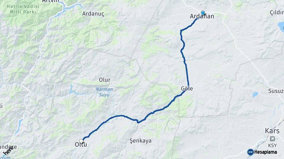 Ardahan Oltu Erzurum Arası Kaç Km - Yol Haritası