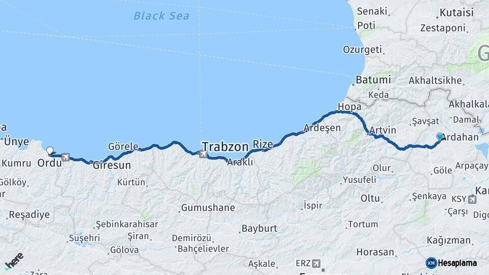 Ardahan Ordu Arası Kaç Km - Yol Haritası
