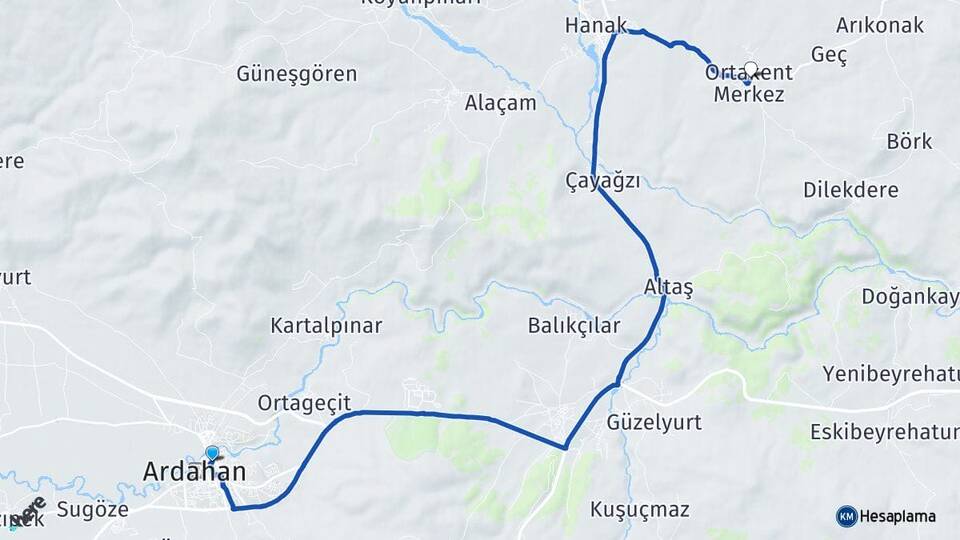 Ardahan Ortakent Hanak Arası Kaç Km - Yol Haritası