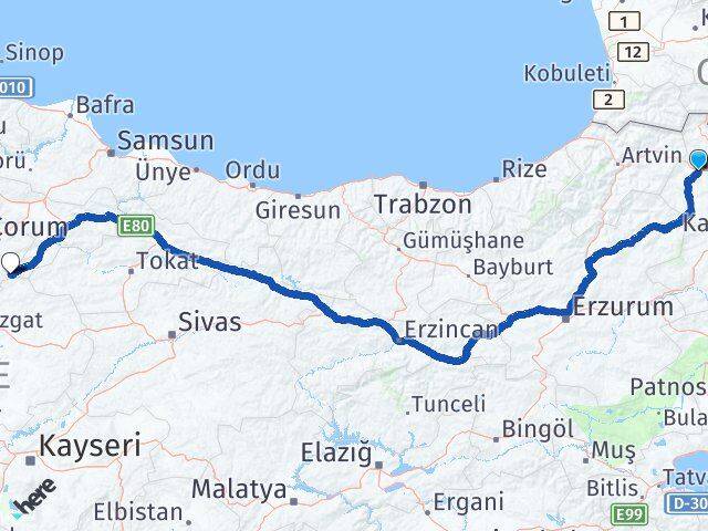 Ardahan Ortaköy Çorum Arası Kaç Km - Yol Haritası