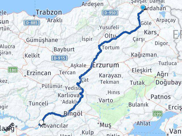 Ardahan Palu Elazığ Arası Kaç Km - Yol Haritası
