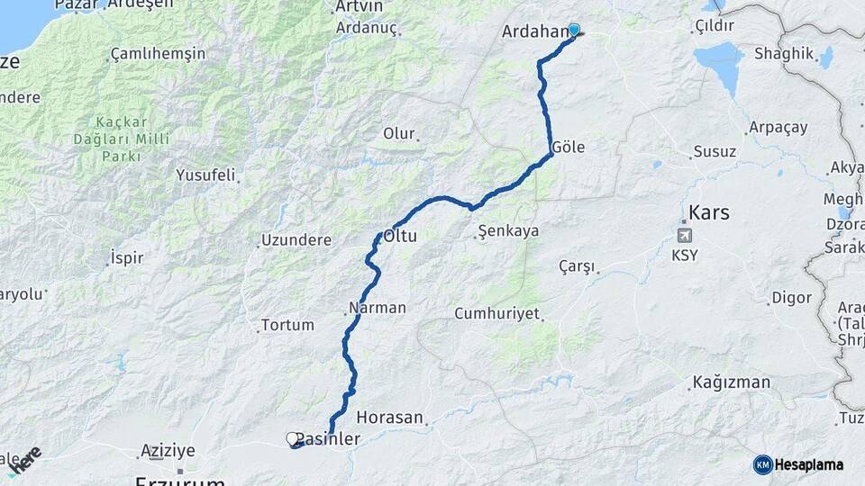 Ardahan Pasinler Erzurum Arası Kaç Km - Yol Haritası