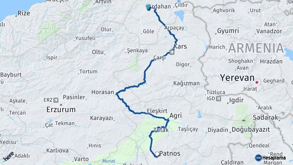 Ardahan Patnos Ağrı Arası Kaç Km - Yol Haritası