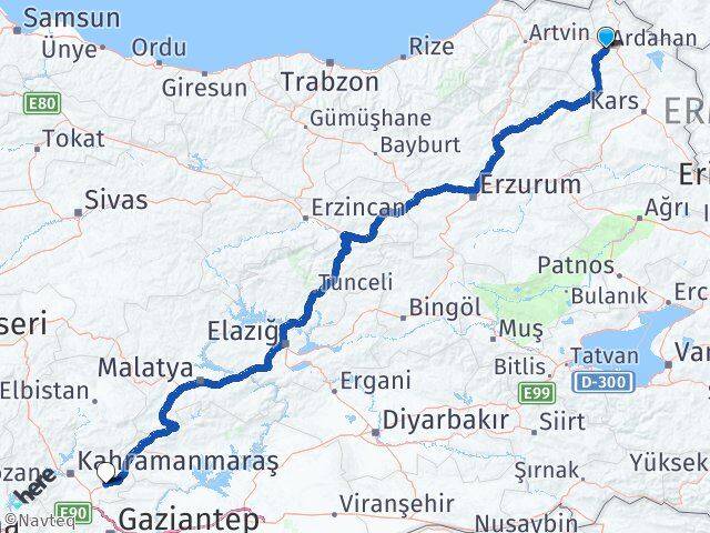Ardahan Pazarcık Kahramanmaraş Arası Kaç Km - Yol Haritası