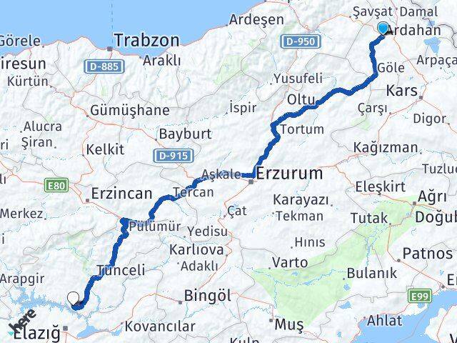 Ardahan Pertek Tunceli Arası Kaç Km - Yol Haritası