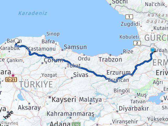 Ardahan Pınarbaşı Kastamonu Arası Kaç Km - Yol Haritası
