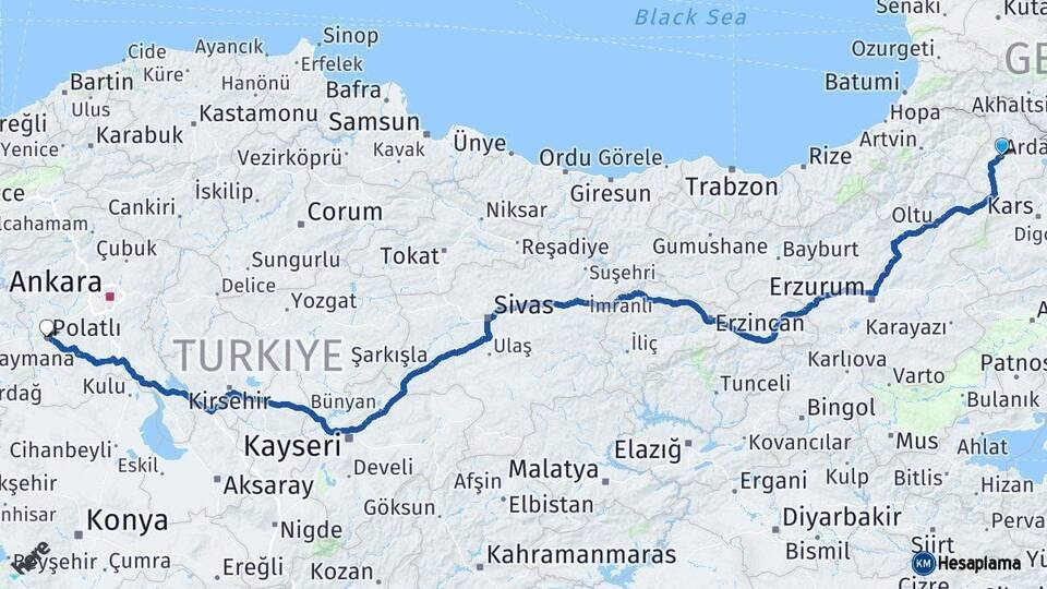 Ardahan Polatlı Ankara Arası Kaç Km - Yol Haritası