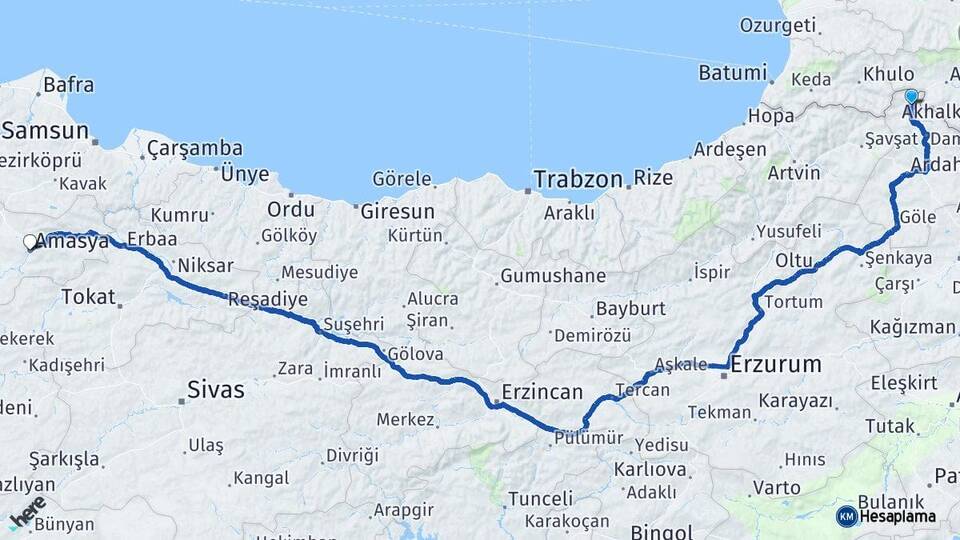 Ardahan Posof Amasya Arası Kaç Km - Yol Haritası