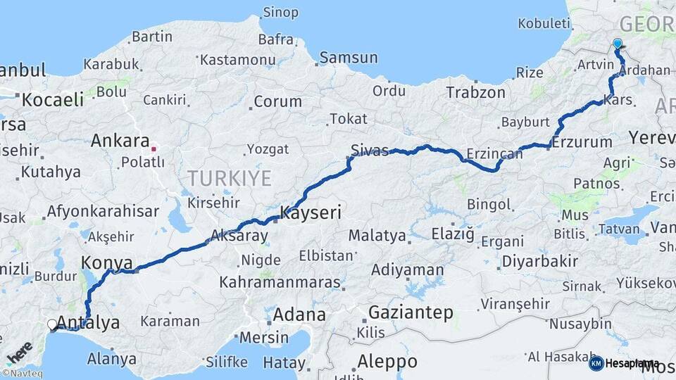 Ardahan Posof Antalya Arası Kaç Km - Yol Haritası
