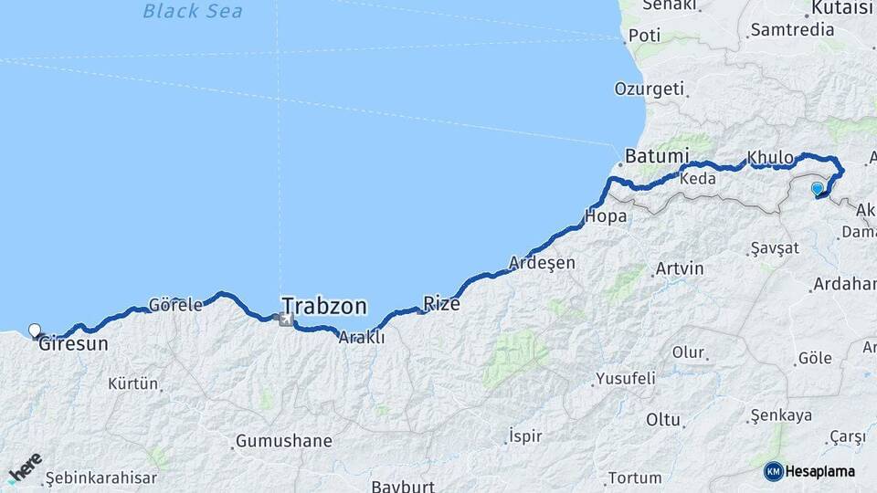 Ardahan Posof Giresun Arası Kaç Km - Yol Haritası