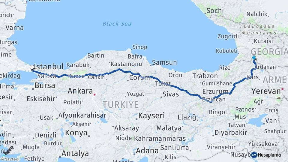 Ardahan Posof İstanbul Arası Kaç Km - Yol Haritası