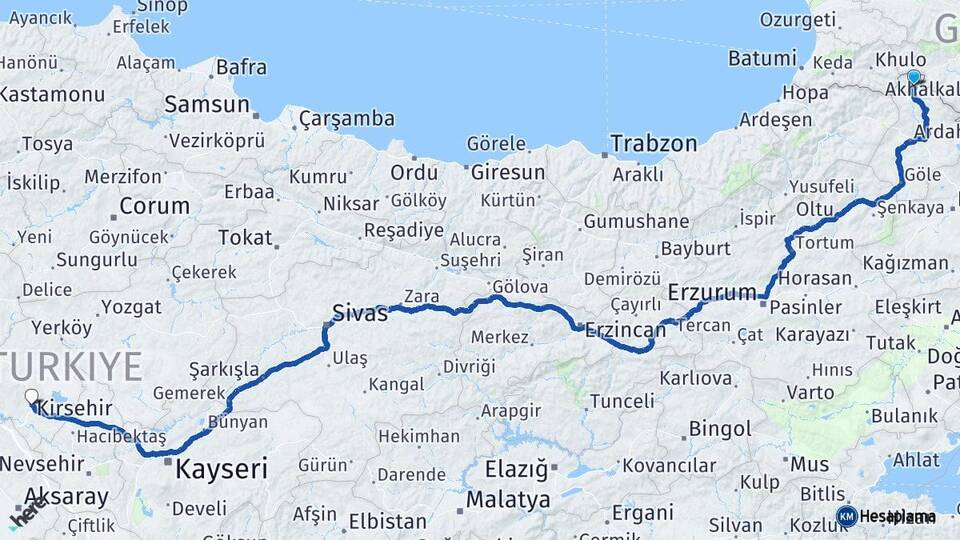 Ardahan Posof Kırşehir Arası Kaç Km - Yol Haritası