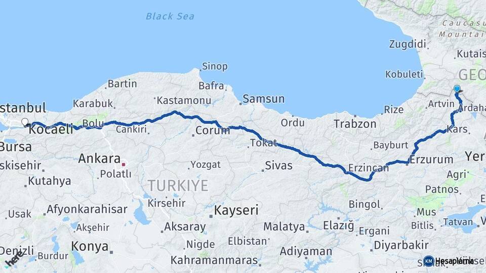 Ardahan Posof Kocaeli Arası Kaç Km - Yol Haritası