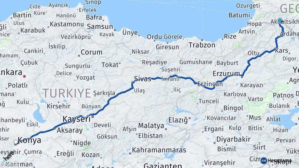 Ardahan Posof Konya Arası Kaç Km - Yol Haritası