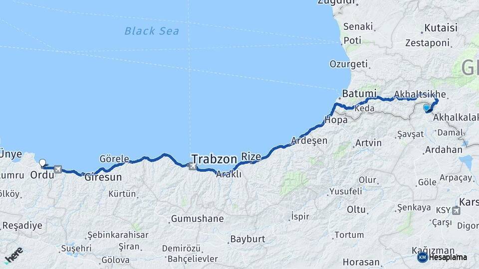 Ardahan Posof Ordu Arası Kaç Km - Yol Haritası