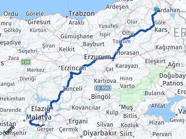 Ardahan Pütürge Malatya Arası Kaç Km - Yol Haritası