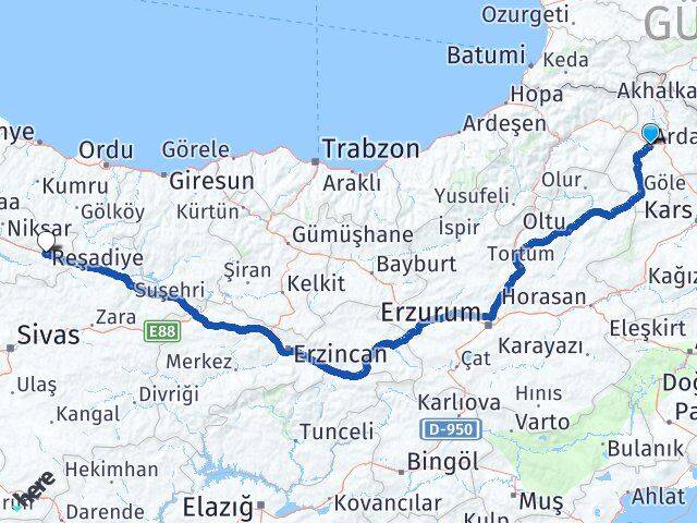 Ardahan Reşadiye Tokat Arası Kaç Km - Yol Haritası
