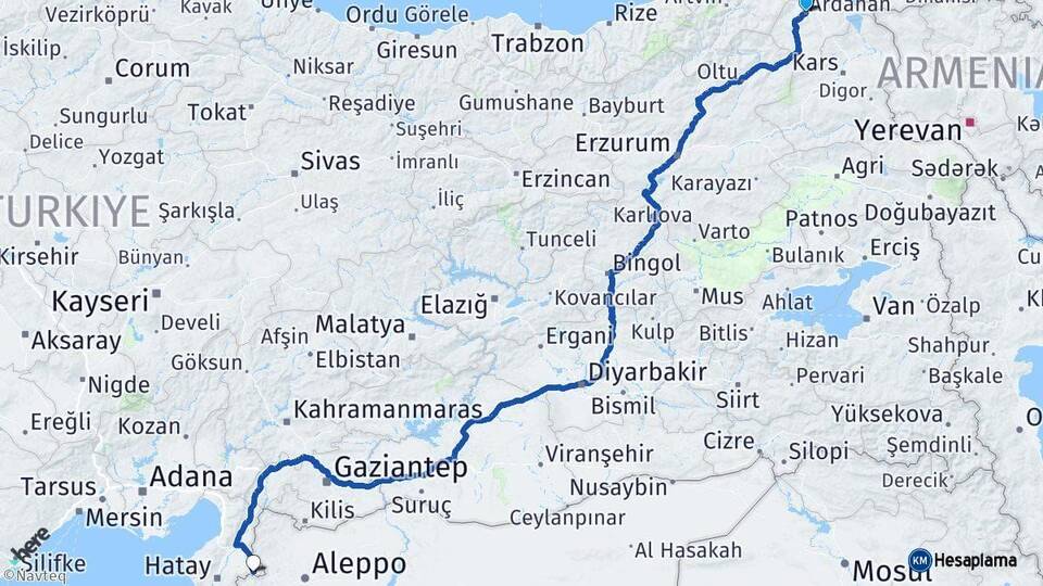 Ardahan Reyhanlı Hatay Arası Kaç Km - Yol Haritası