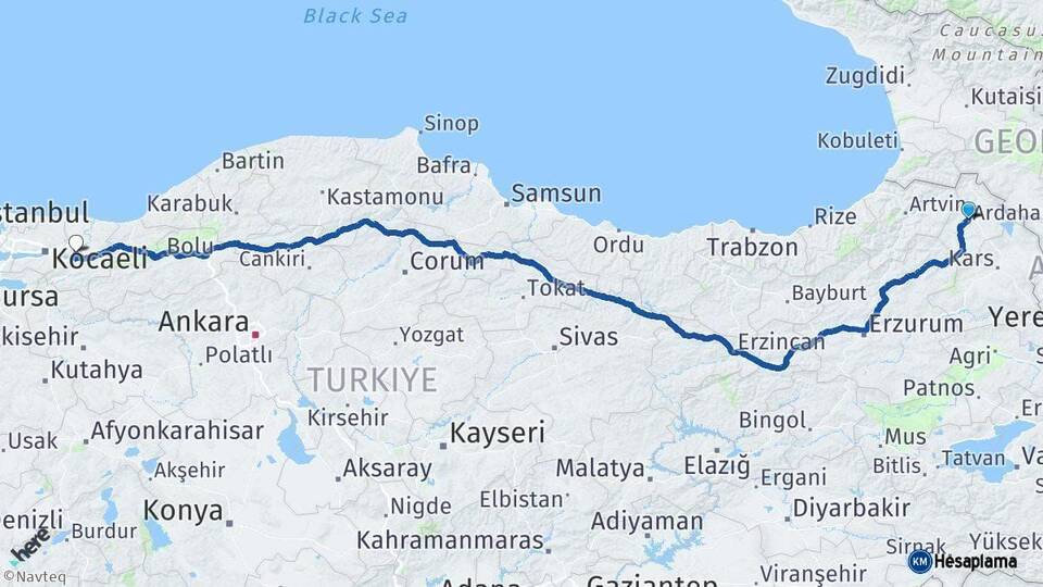 Ardahan Sakarya Arası Kaç Km - Yol Haritası