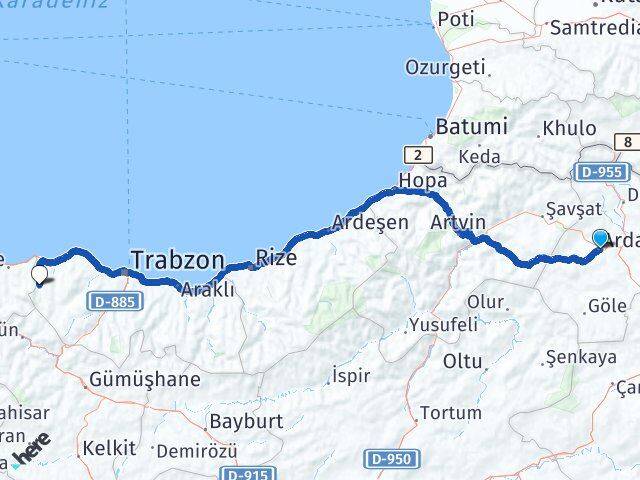 Ardahan Şalpazarı Trabzon Arası Kaç Km - Yol Haritası