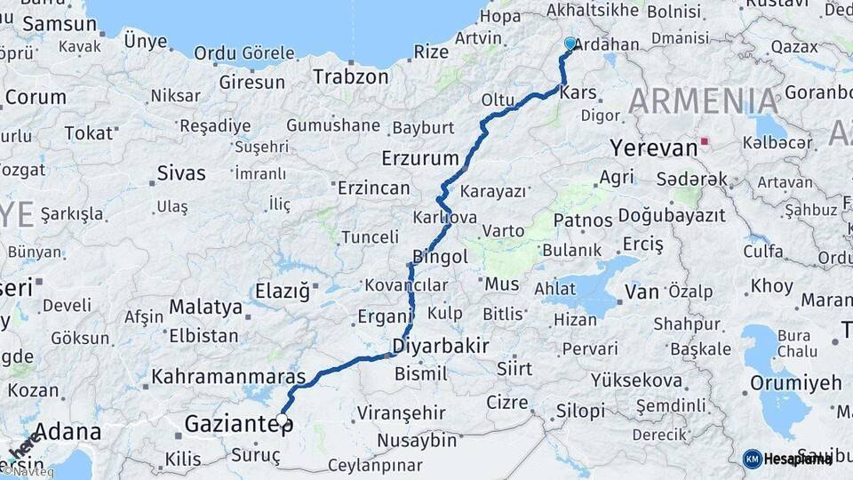 Ardahan Şanlıurfa Arası Kaç Km - Yol Haritası