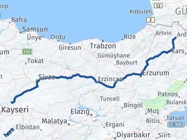 Ardahan Sarıoğlan Kayseri Arası Kaç Km - Yol Haritası
