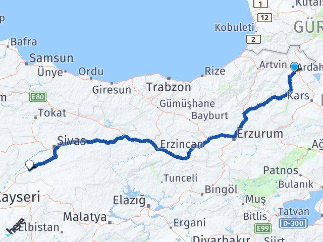 Ardahan Şarkışla Sivas Arası Kaç Km - Yol Haritası