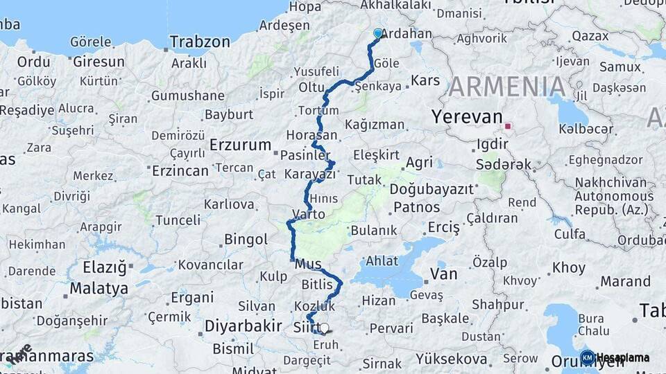 Ardahan Siirt Arası Kaç Km - Yol Haritası