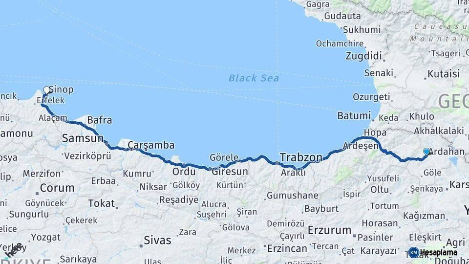 Ardahan Sinop Arası Kaç Km - Yol Haritası
