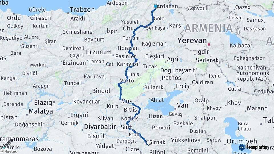 Ardahan Şırnak Arası Kaç Km - Yol Haritası