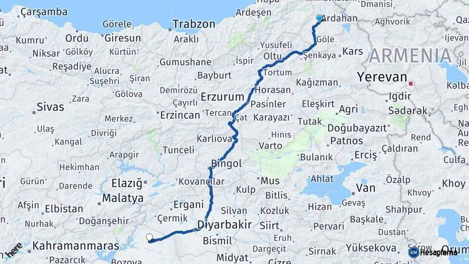 Ardahan Siverek Şanlıurfa Arası Kaç Km - Yol Haritası
