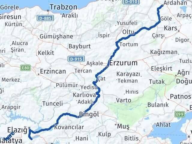 Ardahan Sivrice Elazığ Arası Kaç Km - Yol Haritası
